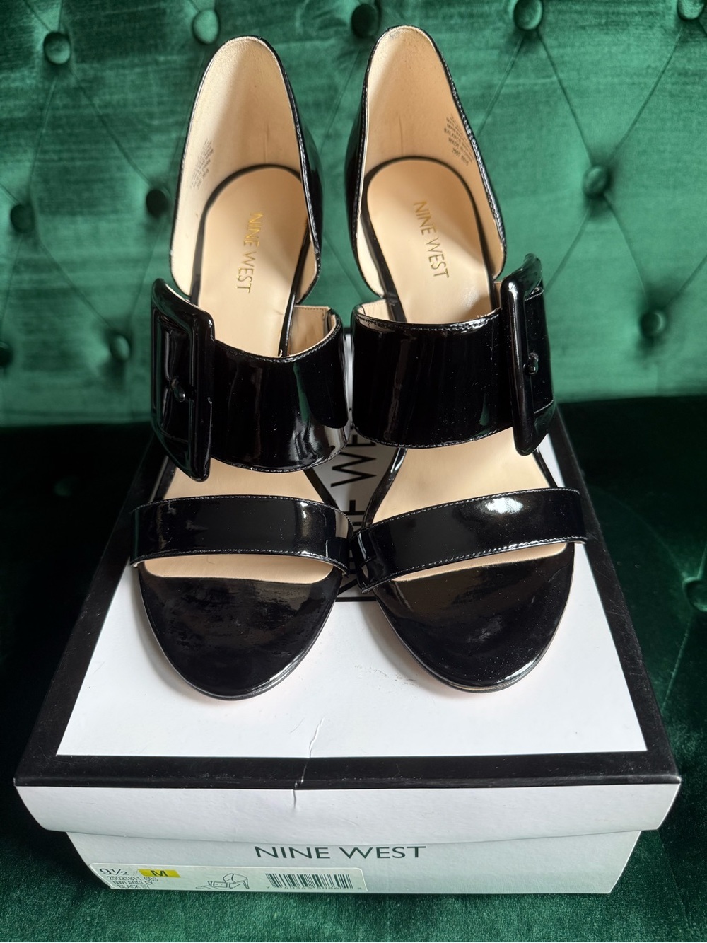 Nine West Langley Black Patent Oversized Buckle Heels NIB Size 9.5